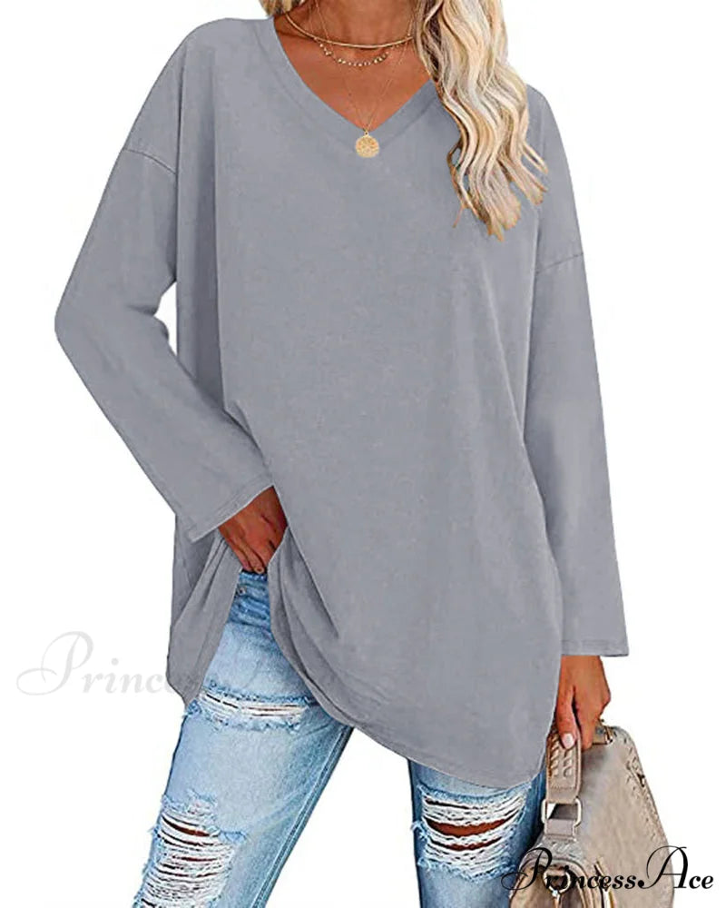 long-sleeved women’s V-neck t-shirt Light grey / S