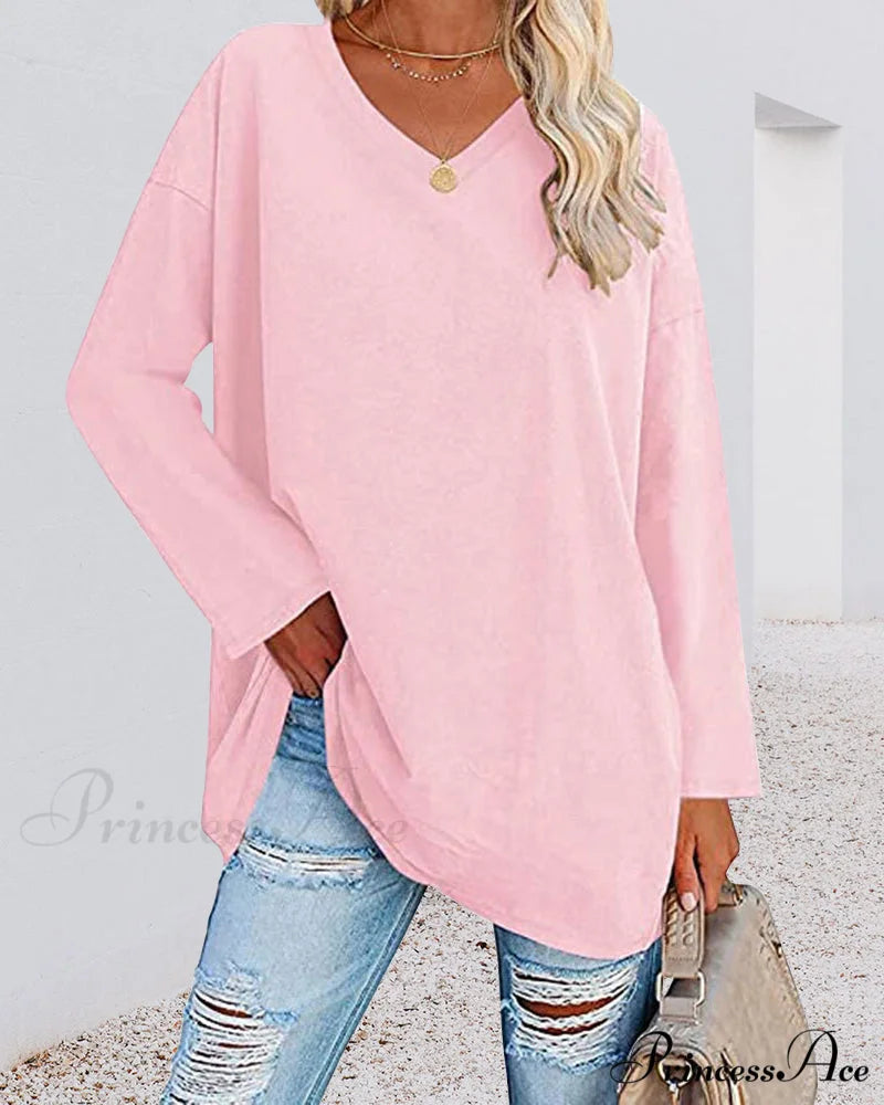 long-sleeved women’s V-neck t-shirt Pink / S