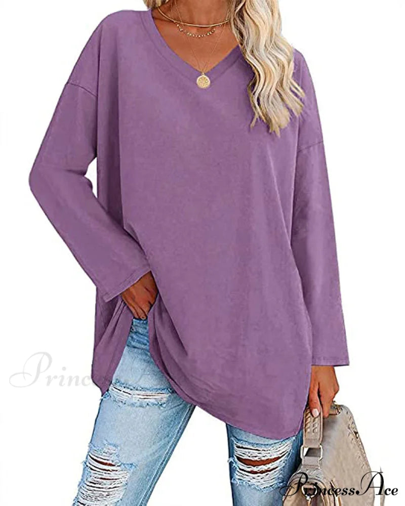 long-sleeved women’s V-neck t-shirt Purple / S