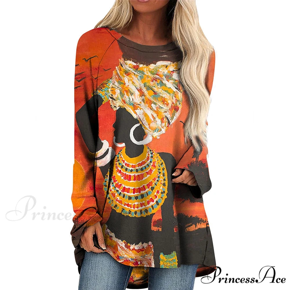 Long Sleeves African Female Pattern Tops o-neck -1 / S