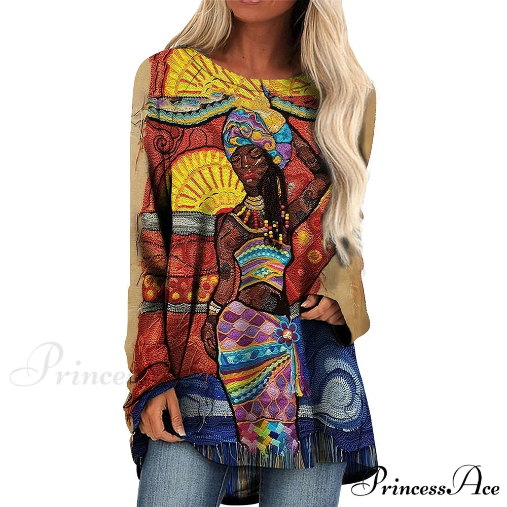 Long Sleeves African Female Pattern Tops o-neck -2 / S