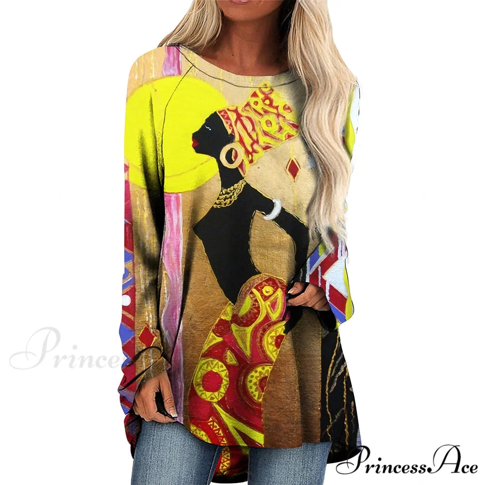 Long Sleeves African Female Pattern Tops o-neck -3 / S