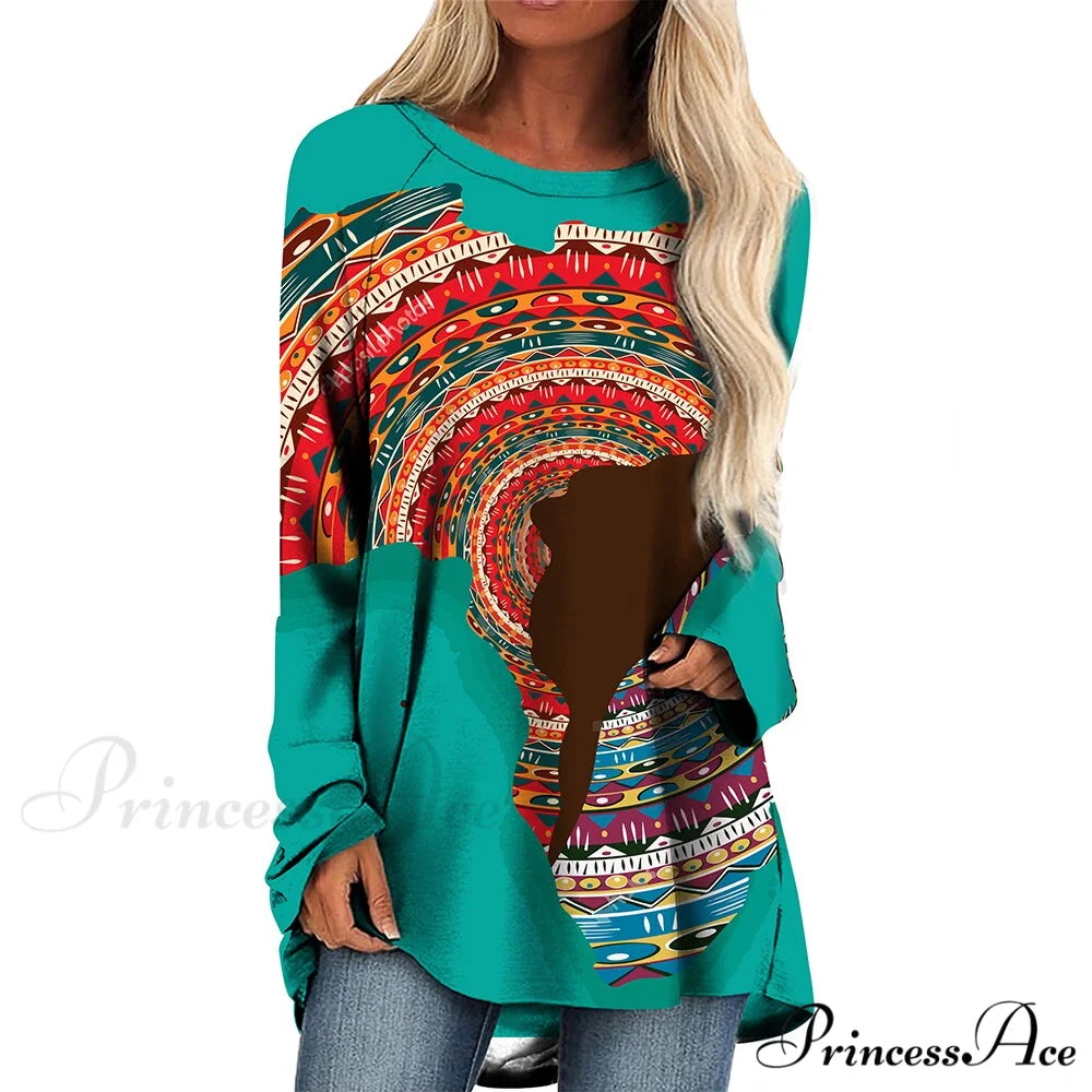 Long Sleeves African Female Pattern Tops o-neck -4 / S