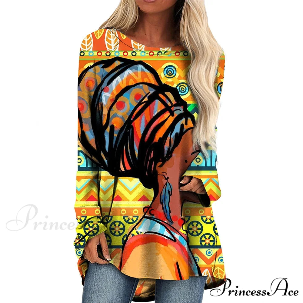 Long Sleeves African Female Pattern Tops o-neck -5 / S