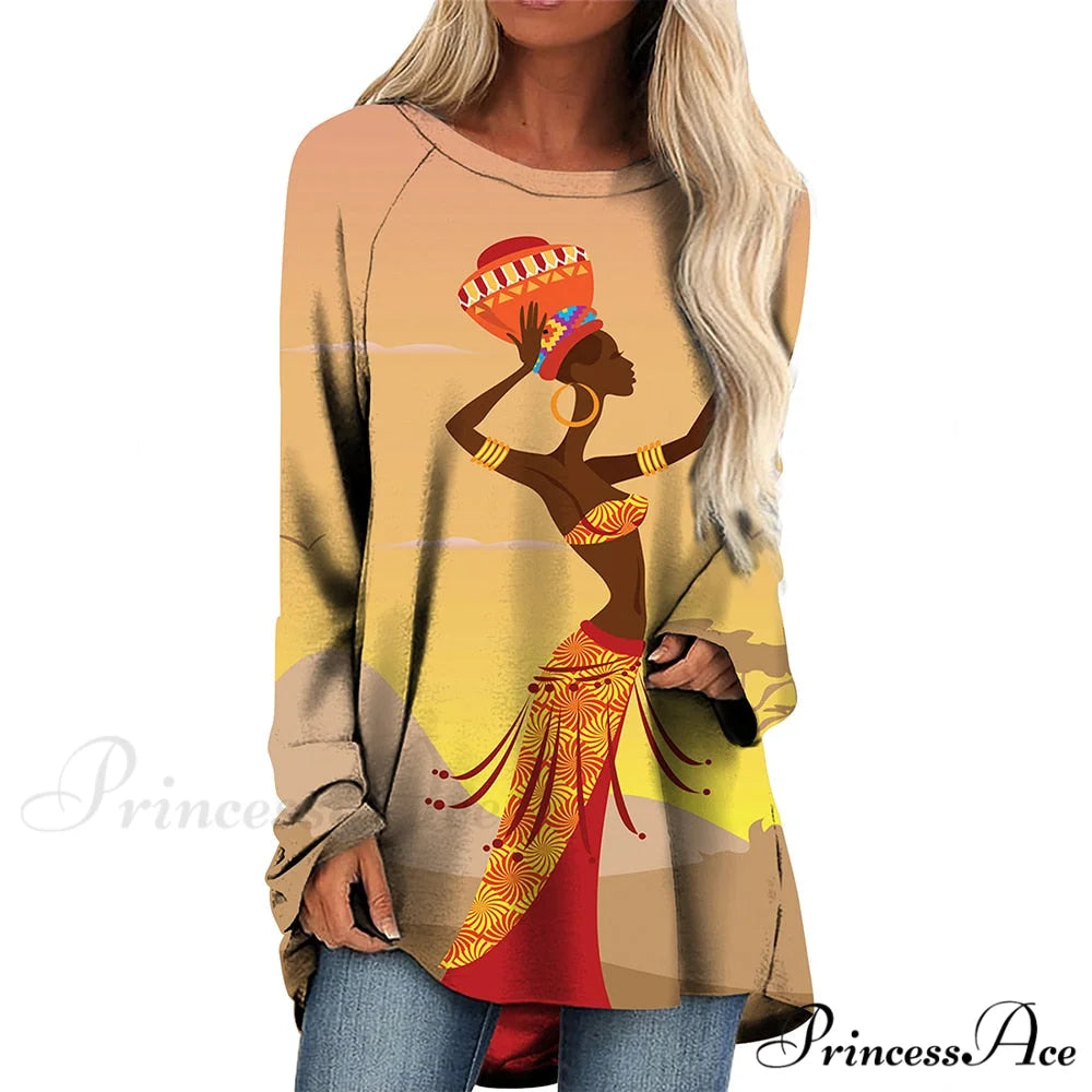 Long Sleeves African Female Pattern Tops o-neck -6 / S