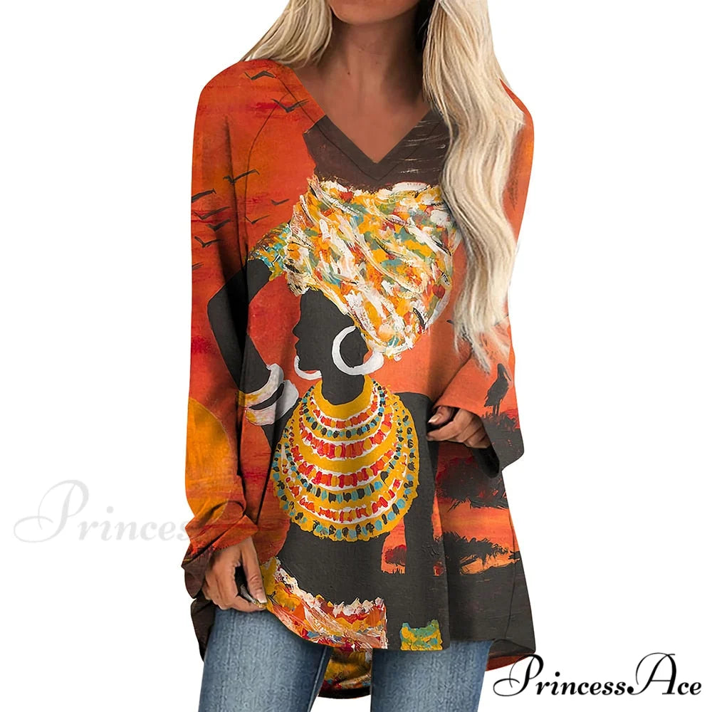 Long Sleeves African Female Pattern Tops v-neck -1 / S