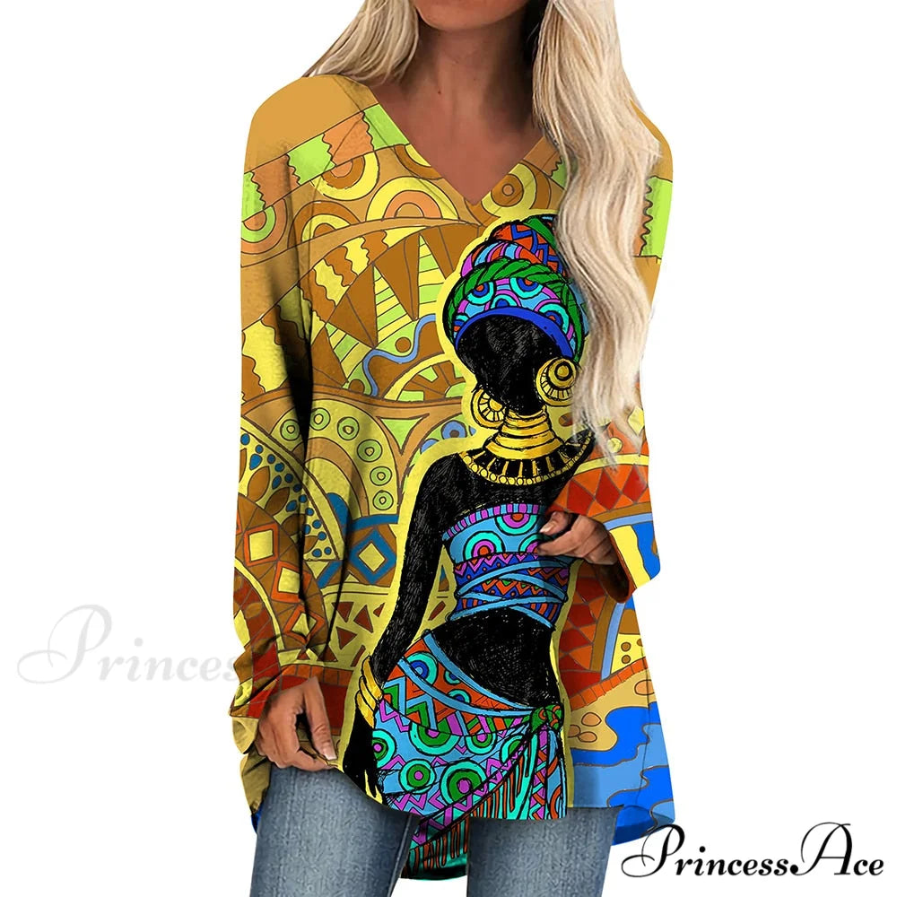 Long Sleeves African Female Pattern Tops v-neck -10 / S