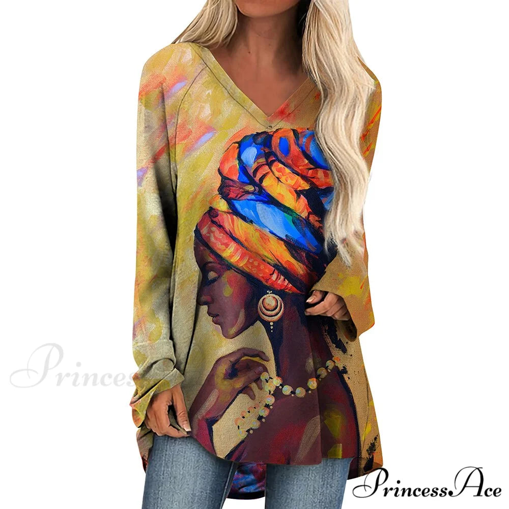 Long Sleeves African Female Pattern Tops v-neck -11 / S