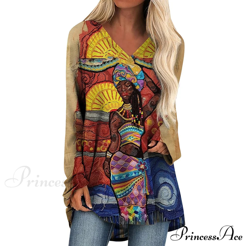 Long Sleeves African Female Pattern Tops v-neck -2 / S