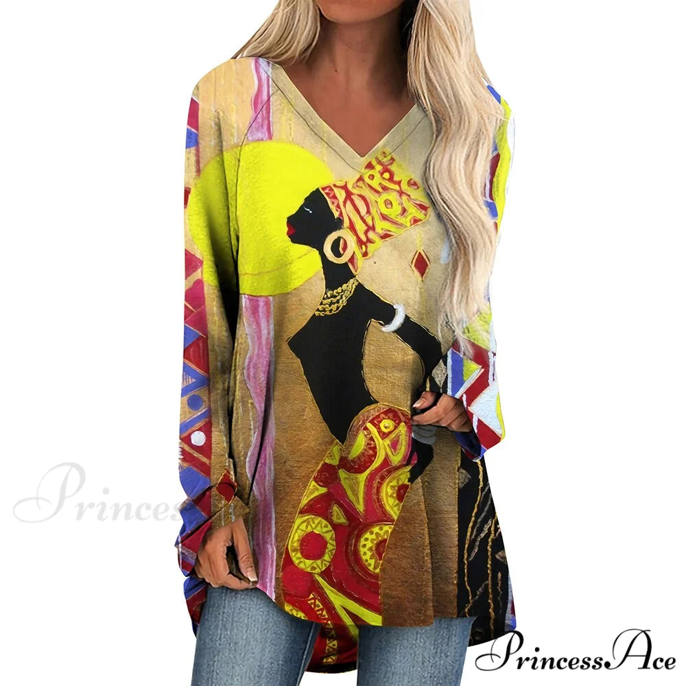 Long Sleeves African Female Pattern Tops v-neck -3 / S