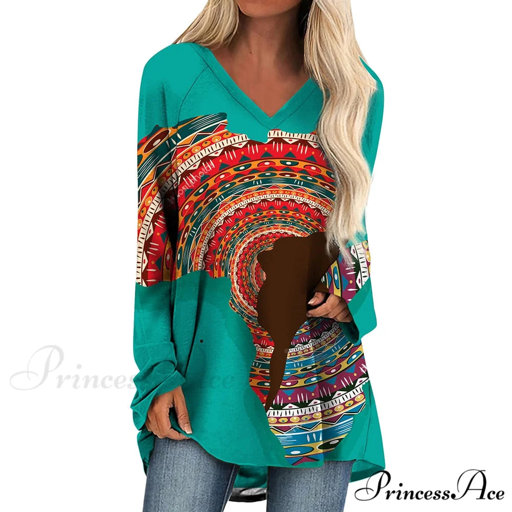 Long Sleeves African Female Pattern Tops v-neck -4 / S