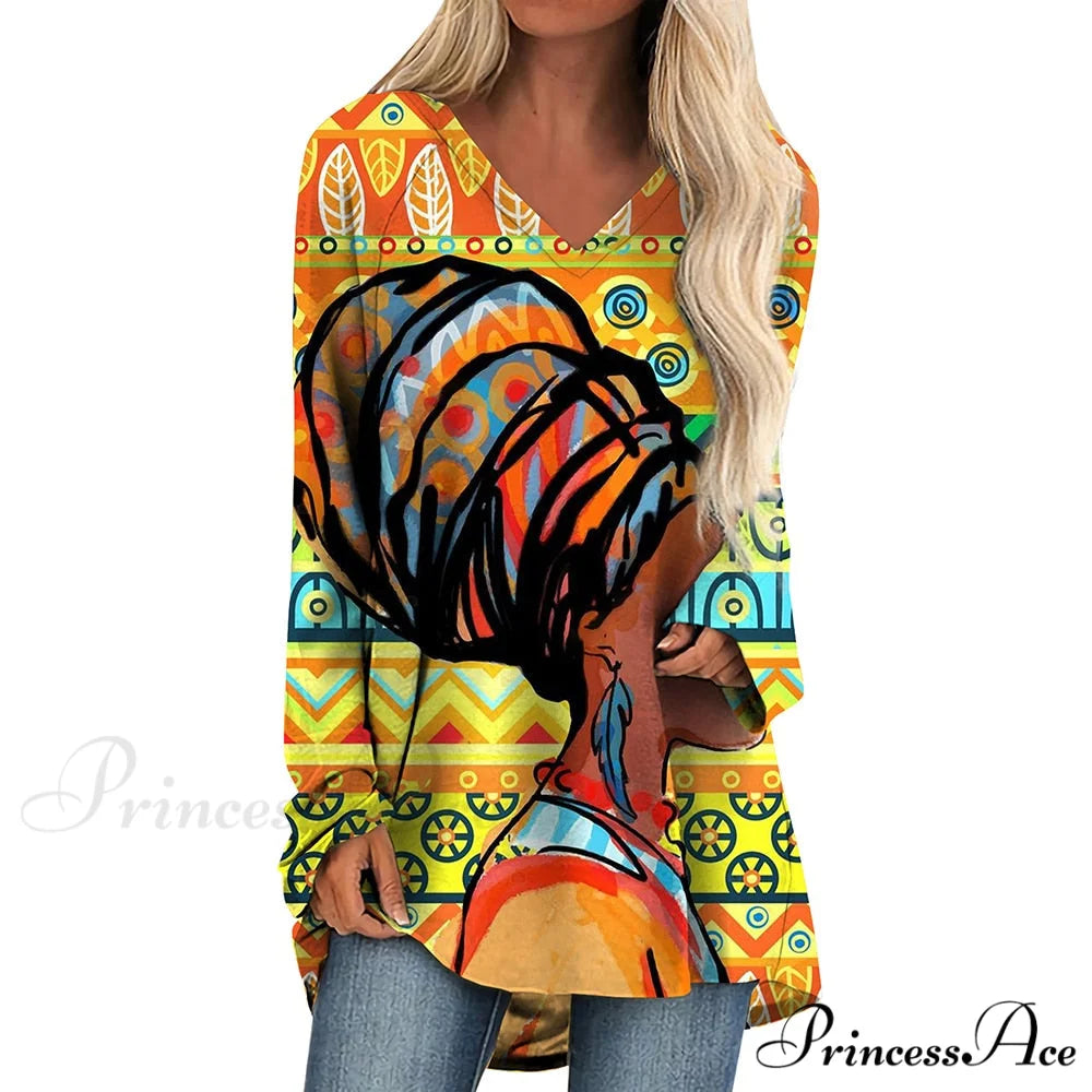 Long Sleeves African Female Pattern Tops v-neck -5 / S