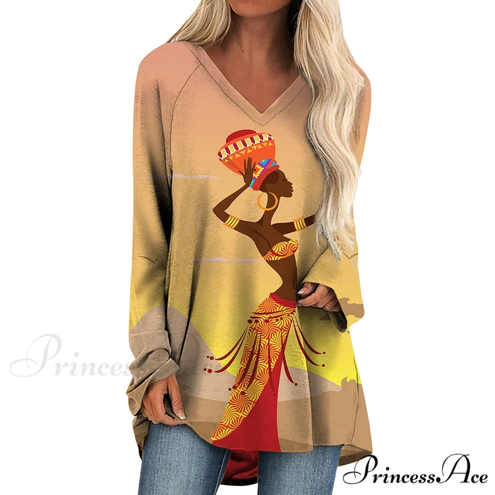 Long Sleeves African Female Pattern Tops v-neck -6 / S