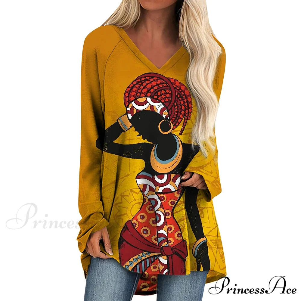 Long Sleeves African Female Pattern Tops v-neck -7 / S