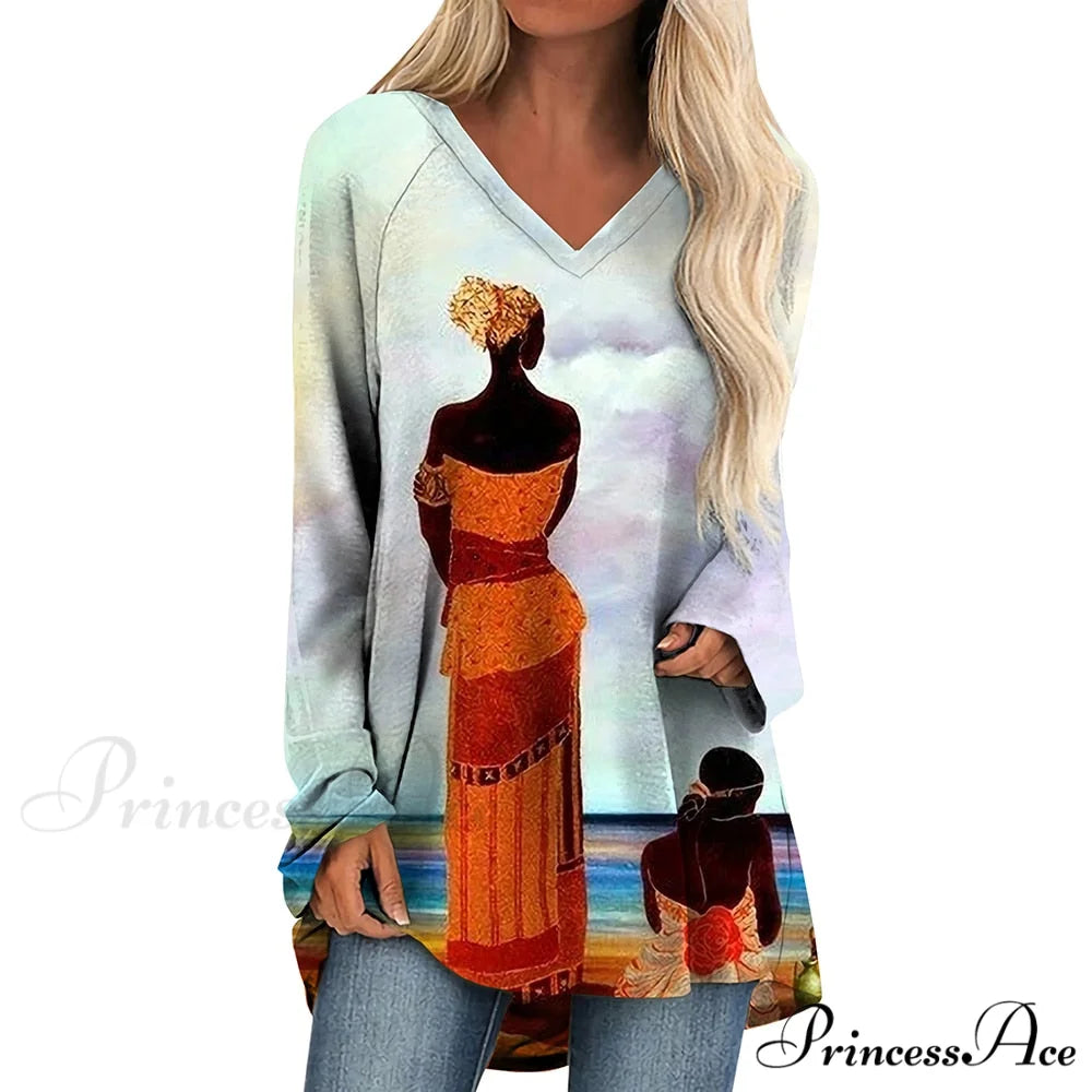 Long Sleeves African Female Pattern Tops v-neck -8 / S