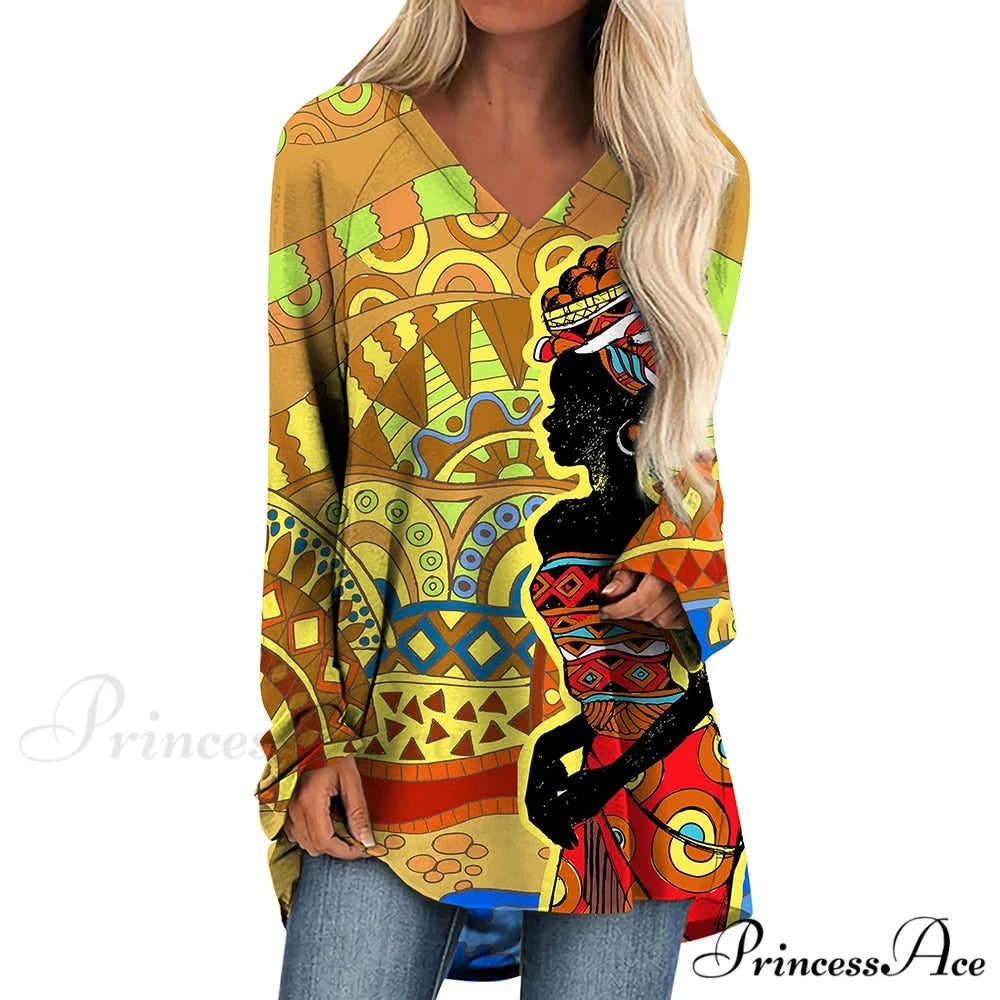 Long Sleeves African Female Pattern Tops v-neck -9 / S