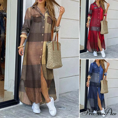 Long Sleeves Shirt Casual Plaid Vestidos Dress