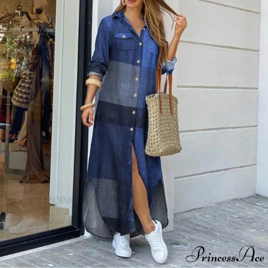 Long Sleeves Shirt Casual Plaid Vestidos Dress Blue / S
