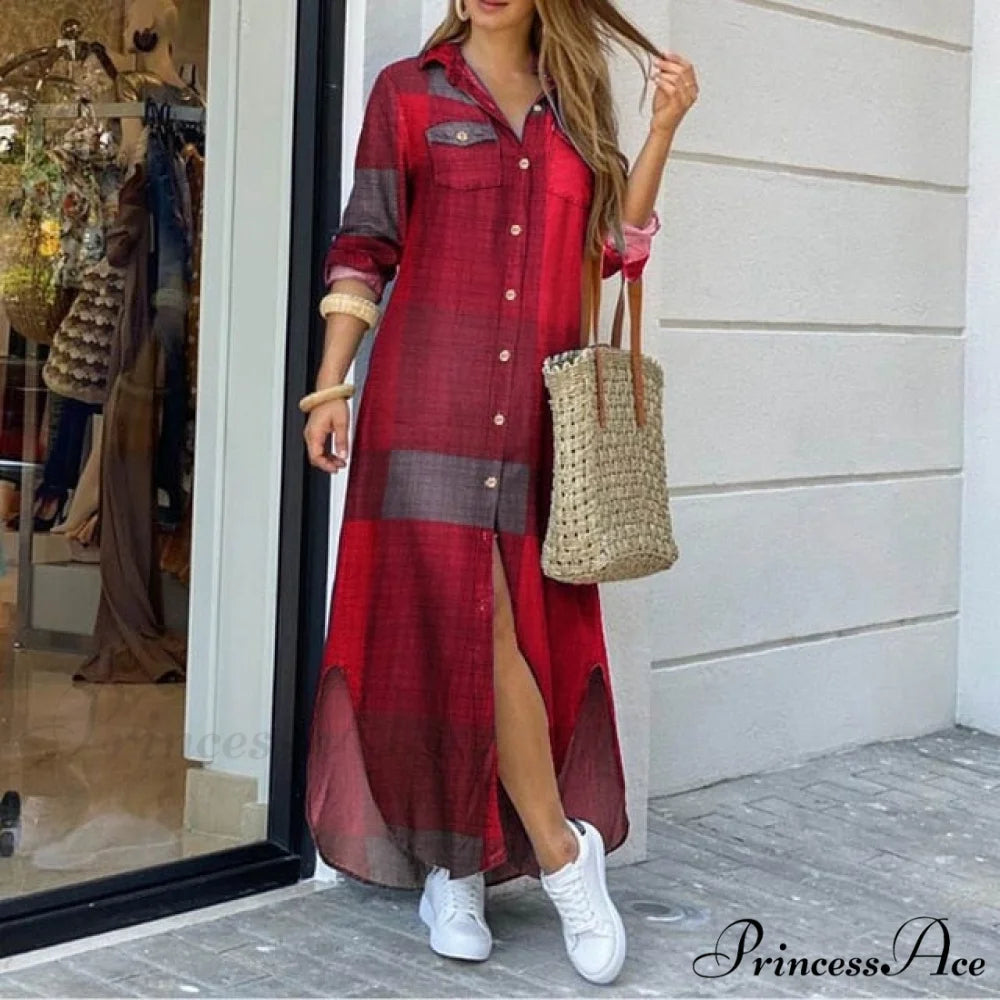 Long Sleeves Shirt Casual Plaid Vestidos Dress Wine Red / S
