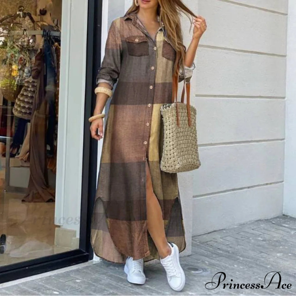 Long Sleeves Shirt Casual Plaid Vestidos Dress Yellow / S