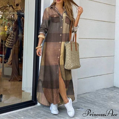 Long Sleeves Shirt Casual Plaid Vestidos Dress Yellow / S