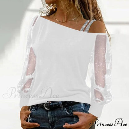 Long Sleeves Skew Collar Off Shoulder Patchwork Diamond Lace Blouse 2 / S