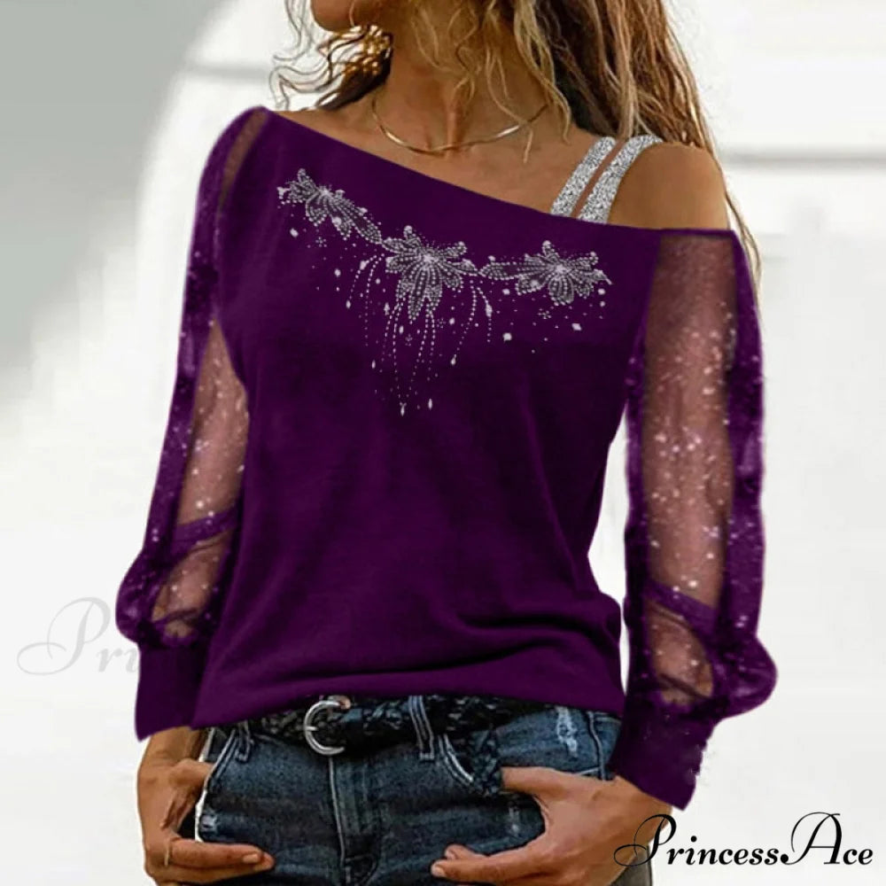 Long Sleeves Skew Collar Off Shoulder Patchwork Diamond Lace Blouse