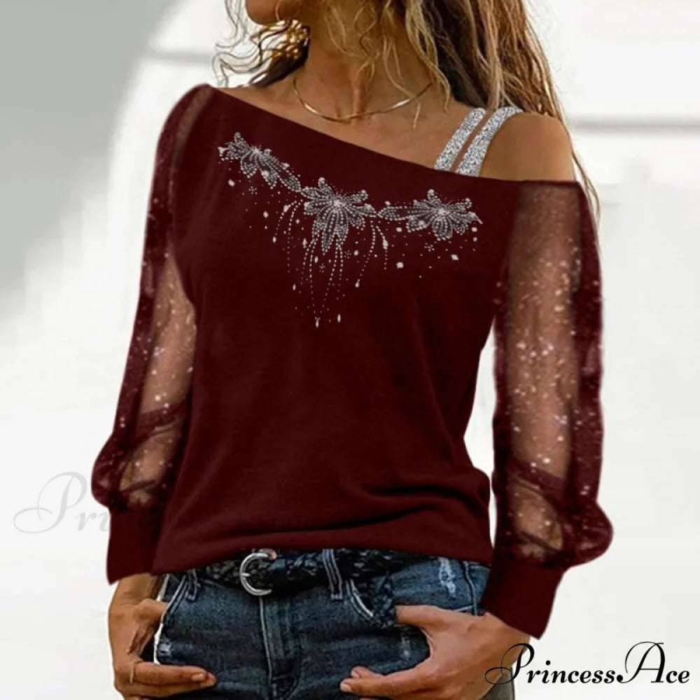 Long Sleeves Skew Collar Off Shoulder Patchwork Diamond Lace Blouse 3 / S