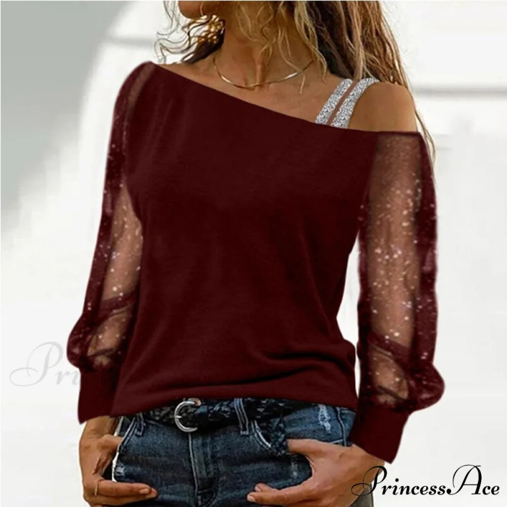 Long Sleeves Skew Collar Off Shoulder Patchwork Diamond Lace Blouse 4 / S