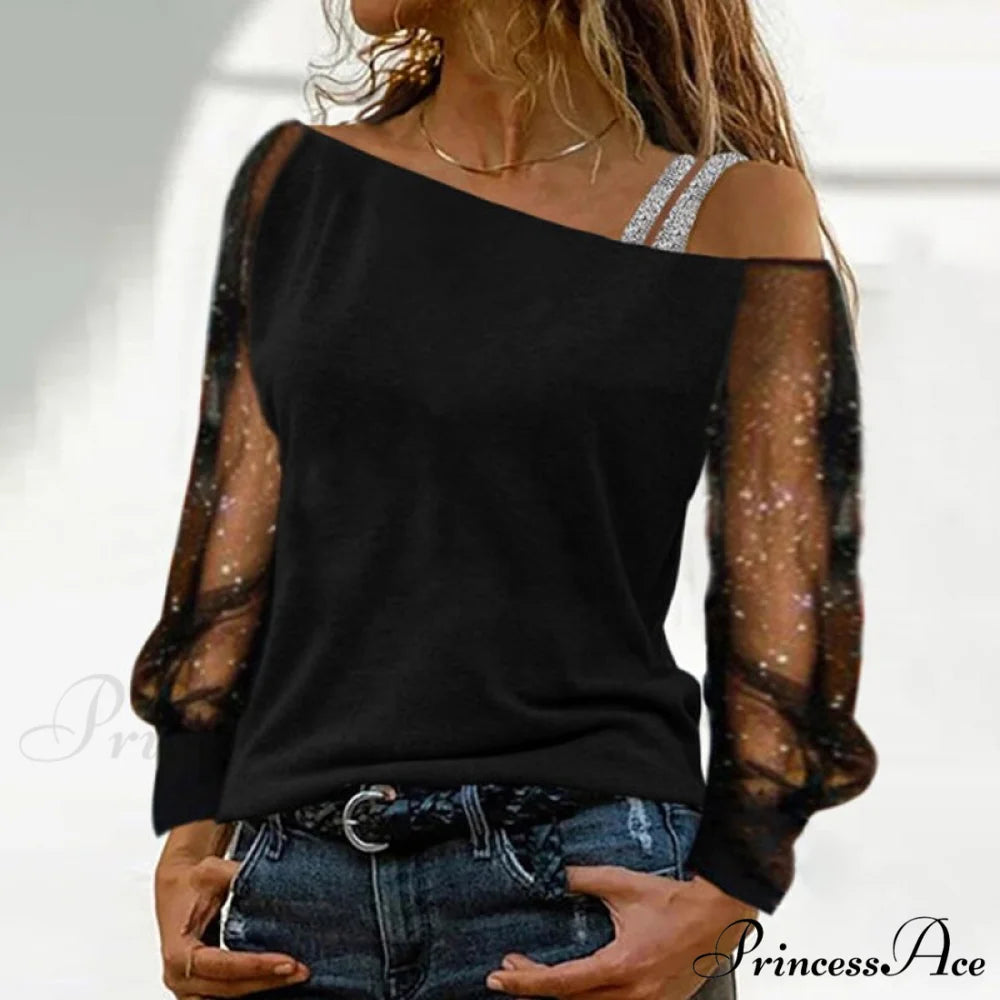Long Sleeves Skew Collar Off Shoulder Patchwork Diamond Lace Blouse 5 / S