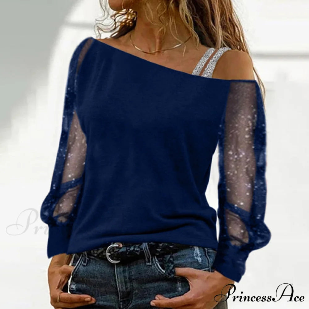 Long Sleeves Skew Collar Off Shoulder Patchwork Diamond Lace Blouse 6 / S