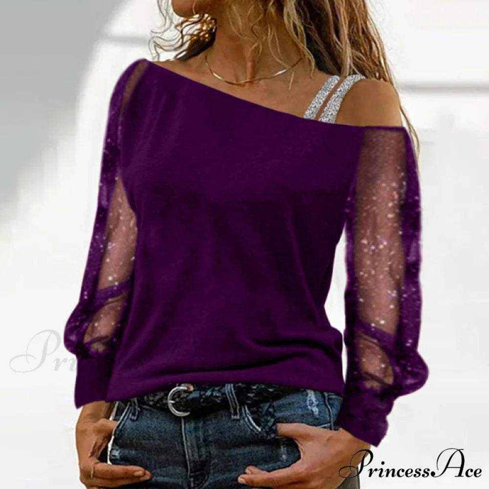 Long Sleeves Skew Collar Off Shoulder Patchwork Diamond Lace Blouse 7 / S