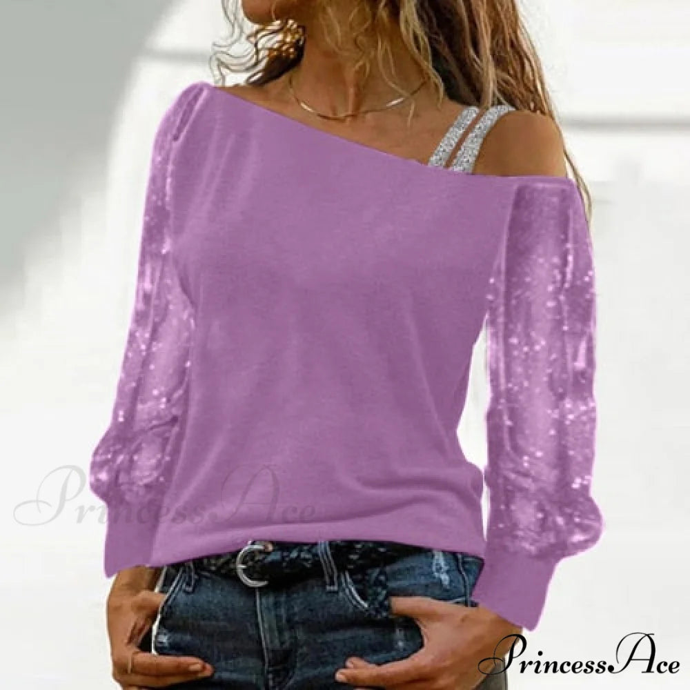 Long Sleeves Skew Collar Off Shoulder Patchwork Diamond Lace Blouse 8 / S