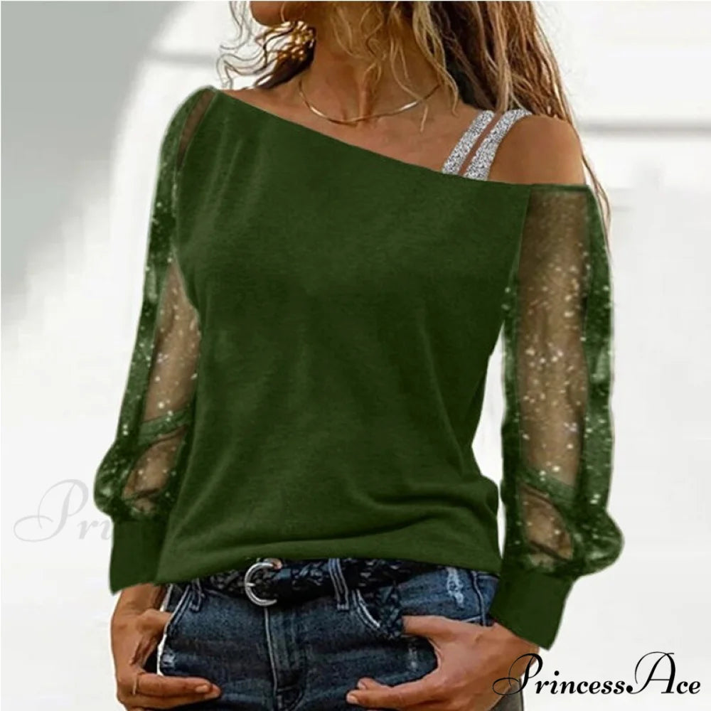 Long Sleeves Skew Collar Off Shoulder Patchwork Diamond Lace Blouse 9 / S