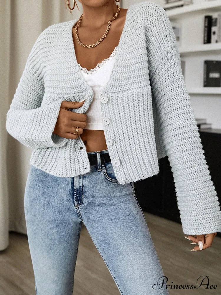 Long Sleeves V Neck Buttons Up Short Knit Open Cardigan