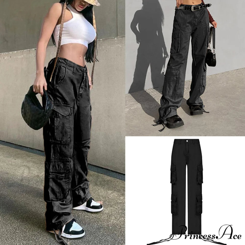 Long Straight Casual Cargo Pants Black1 / S