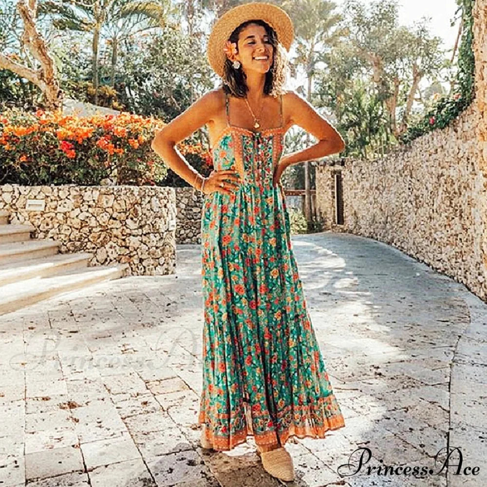 Long Strap Dress Emerald Rayon Floral Print Bohemian Summer Dress bohodress-250126