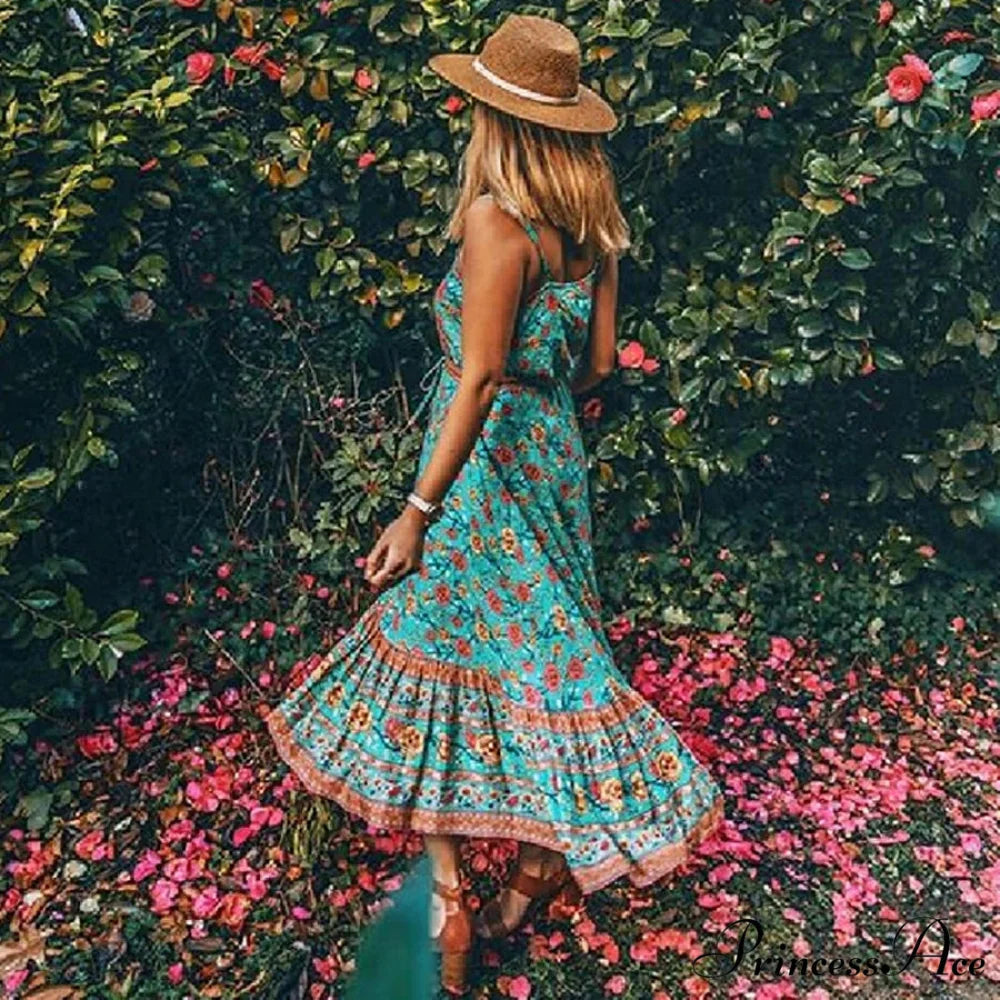 Long Strap Dress Emerald Rayon Floral Print Bohemian Summer Dress GREEN / S bohodress-250126