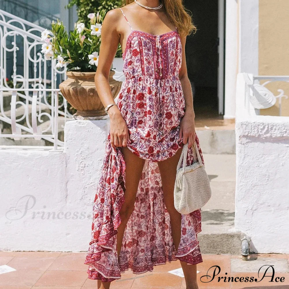 Long Strap Dress Emerald Rayon Floral Print Bohemian Summer Dress RED / S bohodress-250126
