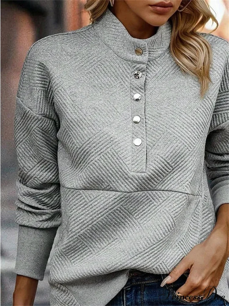 Long Sweatshirt Color Arm Textured Gray Neck Casual Pullover V Women’s Solid Top