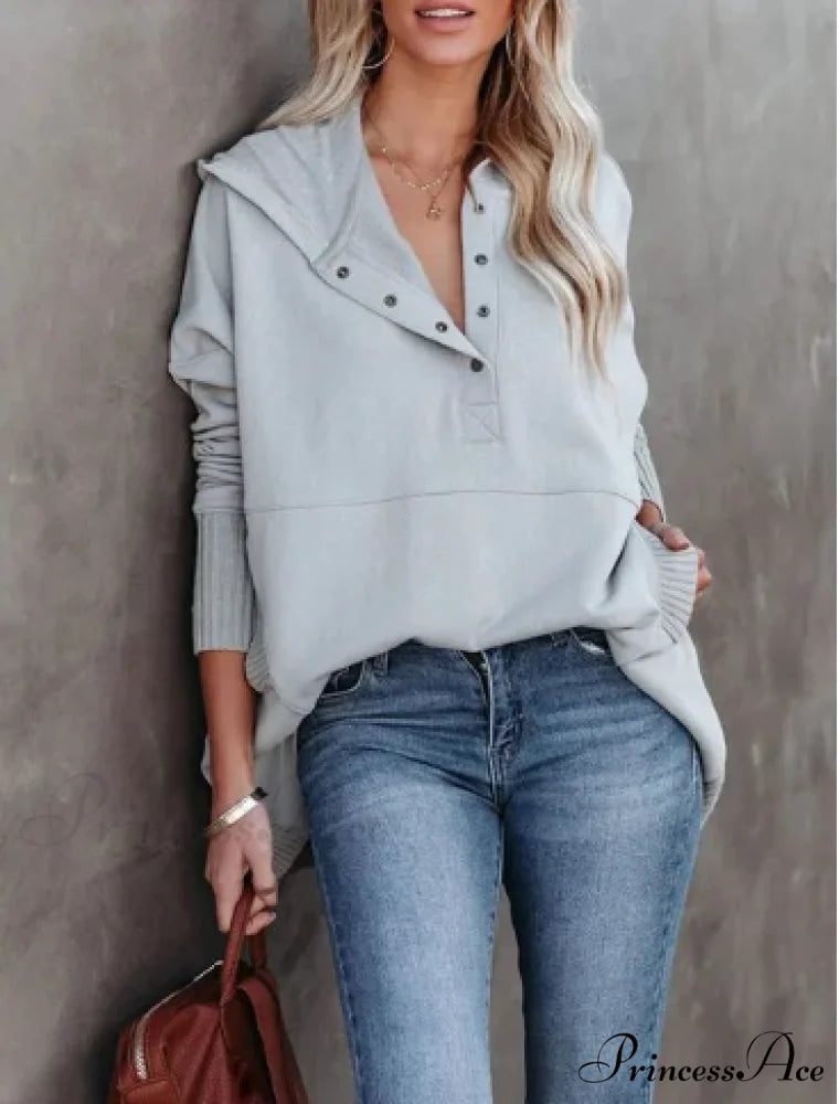Long Sweatshirt Color Arm Textured Gray Neck Casual Pullover V Women’s Solid Top Gray / S