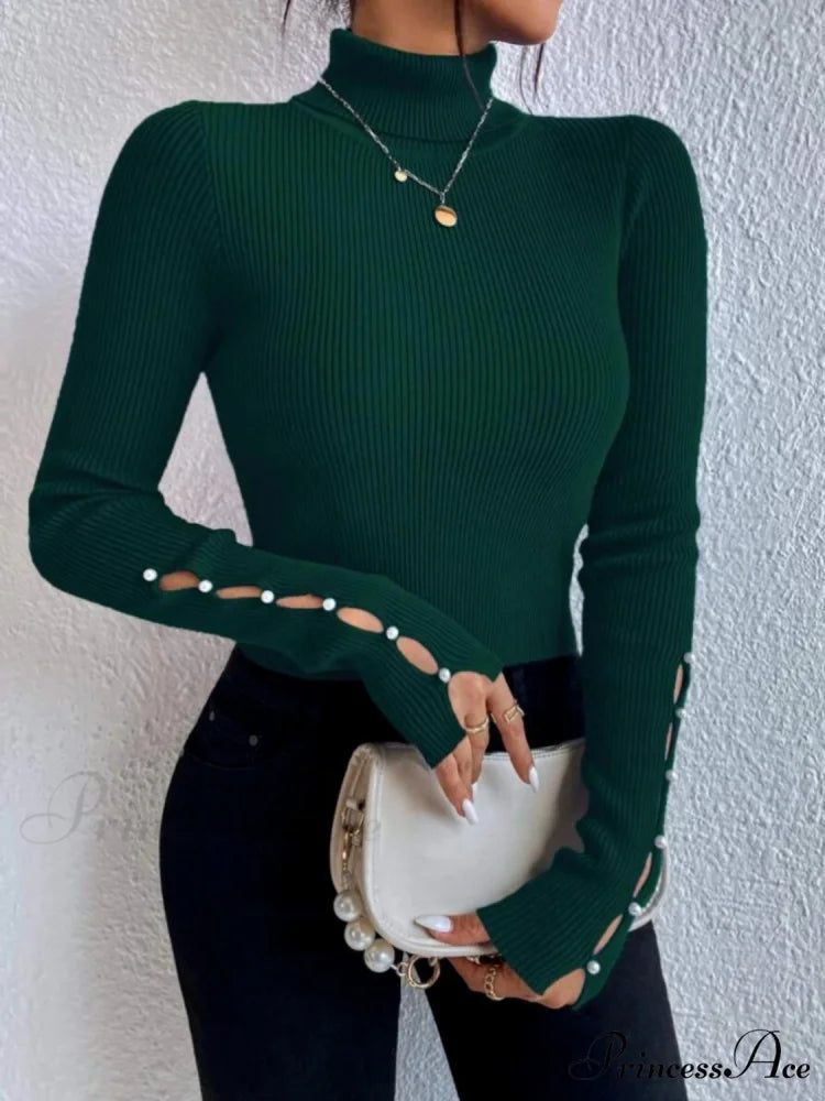 Long Top Rib-Knit with Turtleneck Arm Cutout Deep Teal / S