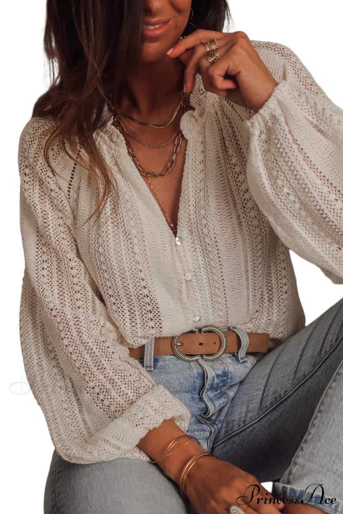Long V-Neck Arm Lace Button White Up Shirt