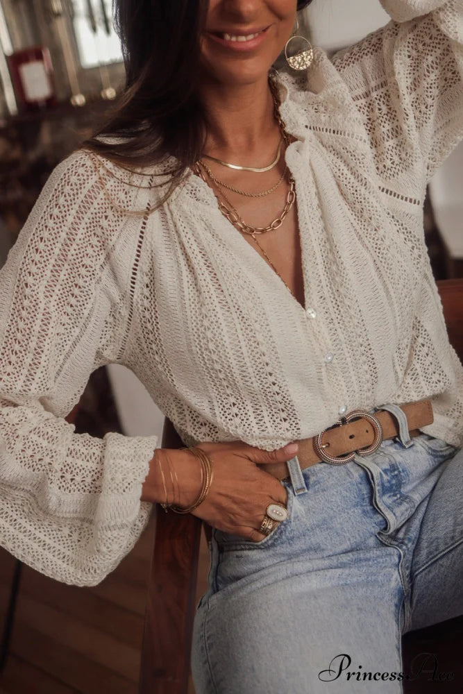 Long V-Neck Arm Lace Button White Up Shirt