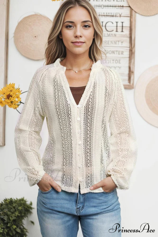 Long V-Neck Arm Lace Button White Up Shirt