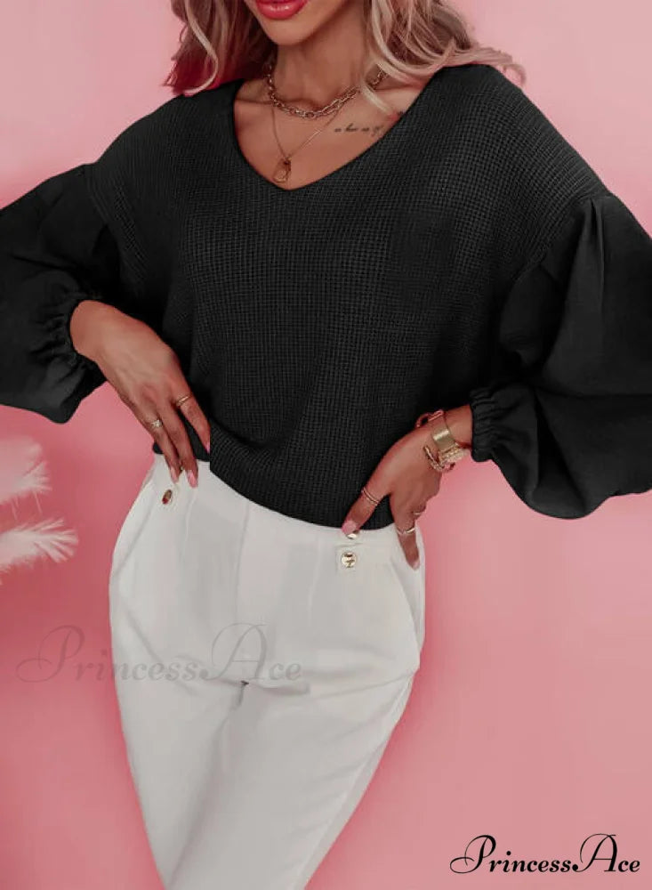 Long V-Neck Arm Waffle-Knit Blouse Black / S