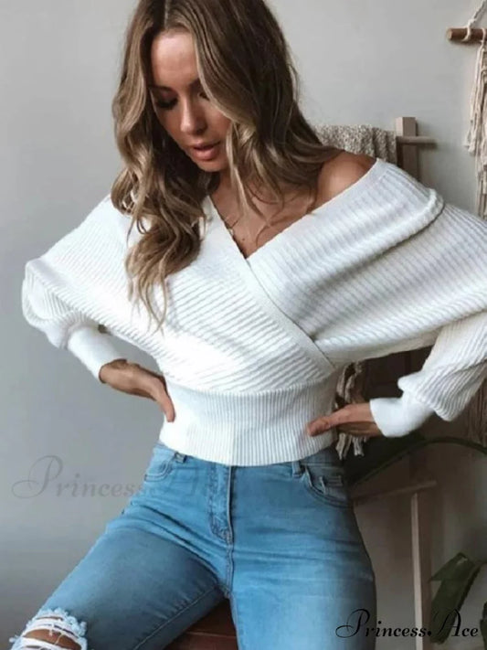 Long Waisted Off-Shoulder Sweater Knitwear for Arm Women White / S