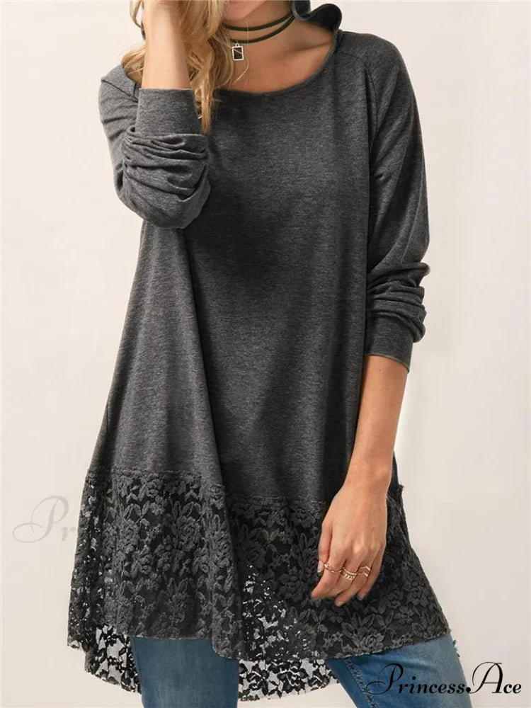Long With Women Lace Patchwork Arm T-shirt Hood Gray / M