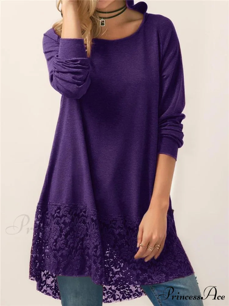 Long With Women Lace Patchwork Arm T-shirt Hood Purple / M