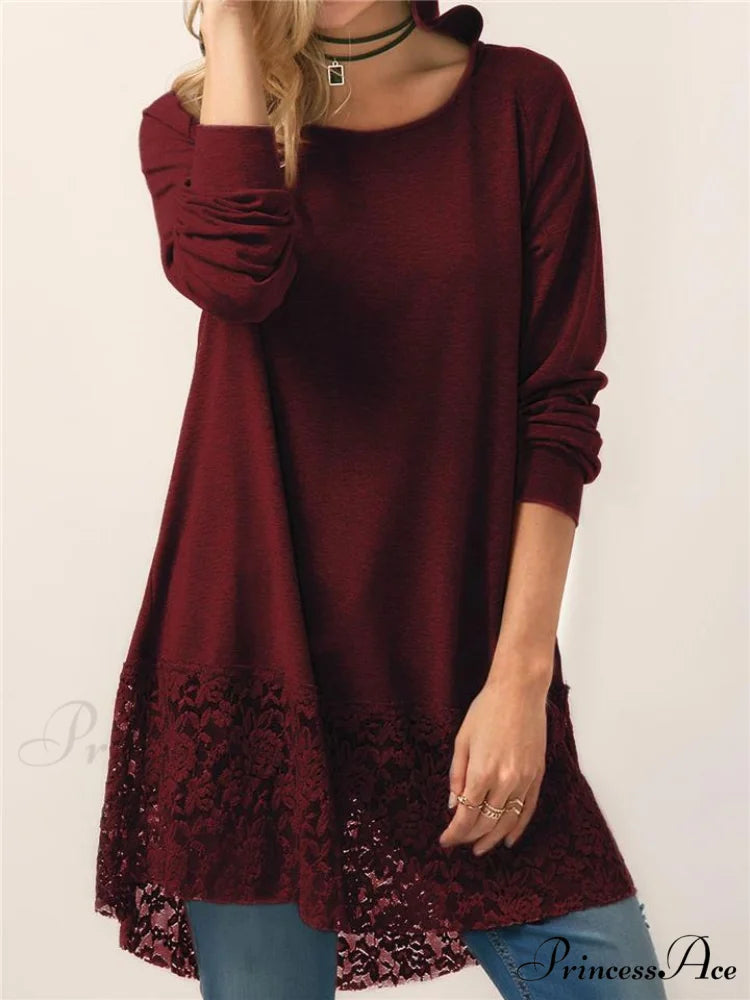 Long With Women Lace Patchwork Arm T-shirt Hood Red / M